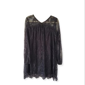 XHILARATION Floral Lace Long Sleeve V Neck Black Mini Dress